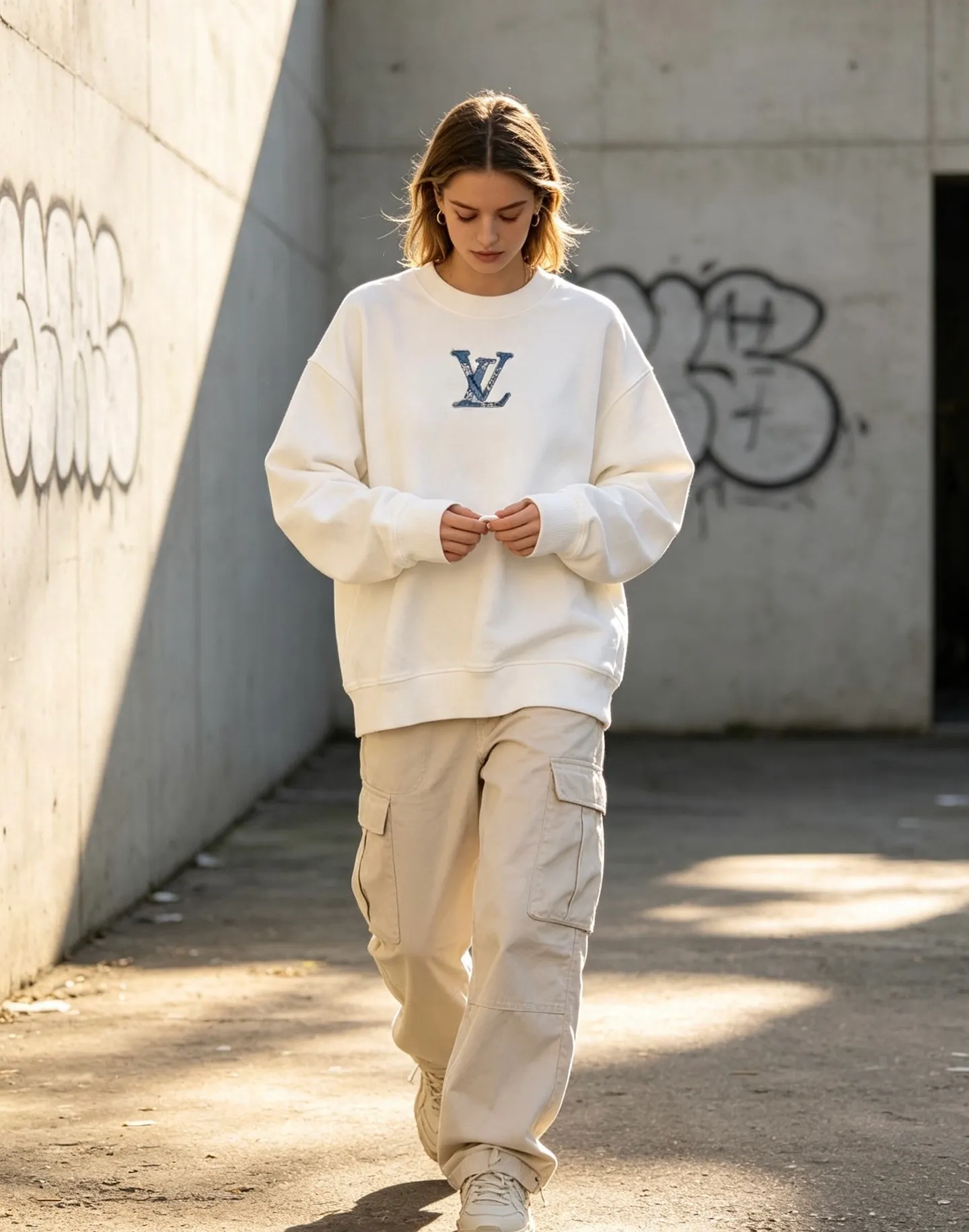 Louis Vuitton/Louis Vuitton denim patch letter embroidered crew neck sweatshirt